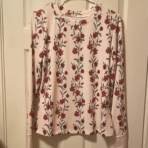 Floral Ribbed Long-Sleeve Top - Cream with Red Floral